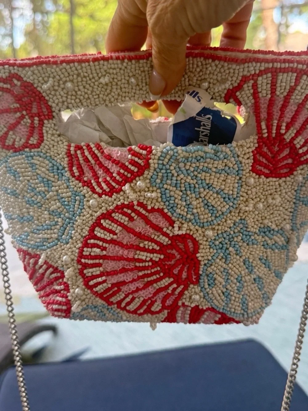 Beaded Seashell Wristlet Clutch - Pink, Blue & Cream